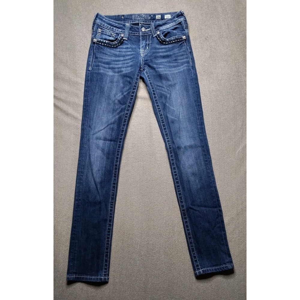 Miss Me Low Rise Crystal Skinny Jeans Womens 26 Blue Embellished Sequin - Picture 2 of 9